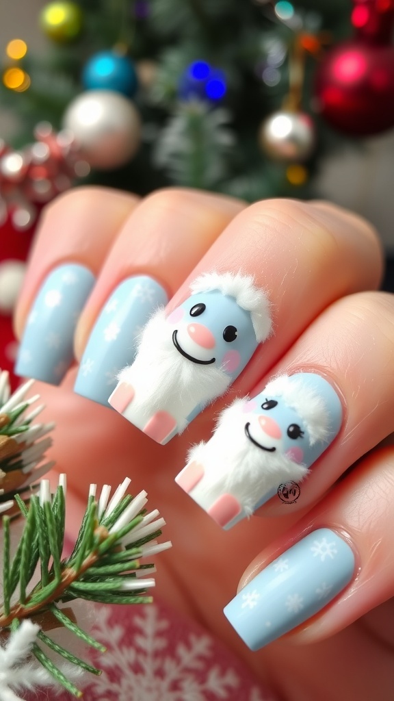 Christmas nails with yeti design, light blue base, white fluffy yeti, snowflakes, and festive decorations.